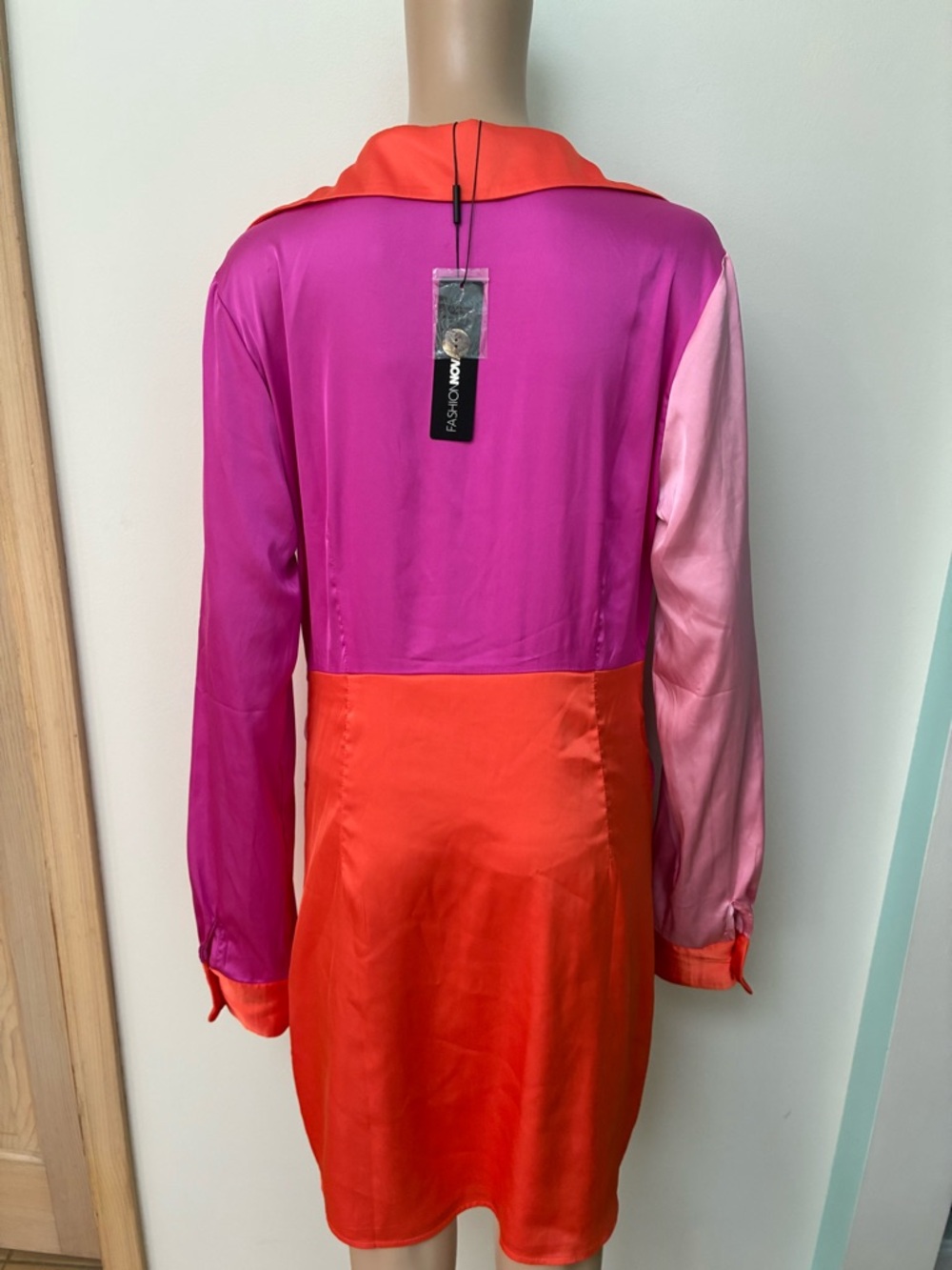 Fashion Nova Pink & Orange Satin Colorblock Tie-Front Mini Dress - Picture 3 of 8